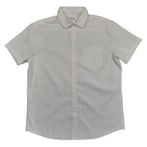 FLX Button Down Shirt Men L White Slim Fit Short Sleeve Textured Polyester Blend